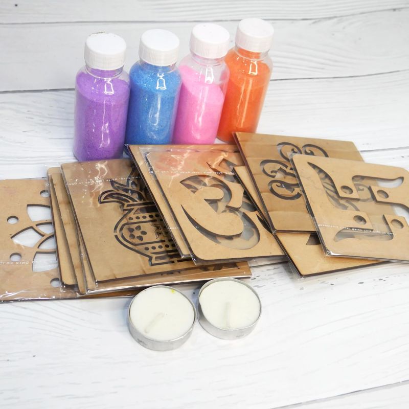 Rangoli Making Kit with Lord Ram Idol | 10 Different Design MDF Rangoli Making Cutout | 4 Rangoli Colors for Diwali Decoration